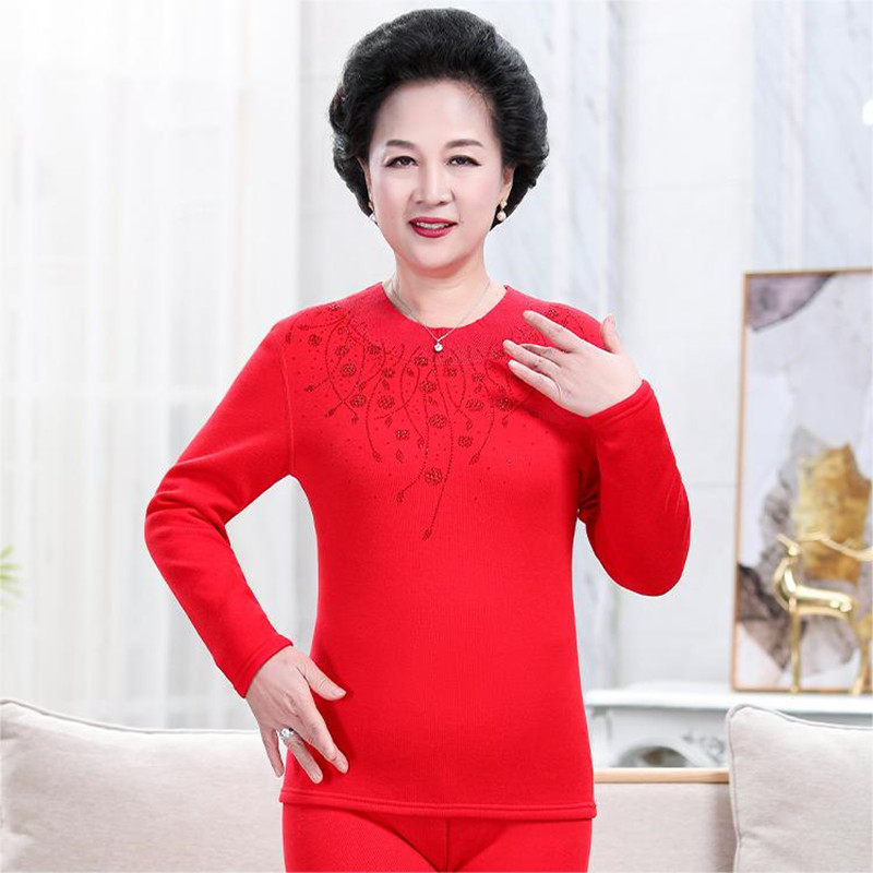 女士中老年发热衣裤加绒加厚妈妈大红色本命年老太太秋冬礼物