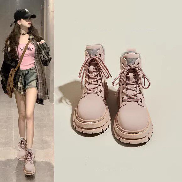 厚底马丁靴女款春秋2025新款春秋小个子高级感女靴粉色内增高短靴