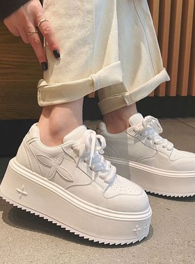 LOFTIME2025SPR1新品春季款7CM减震防滑厚底全皮白色女士运动板鞋