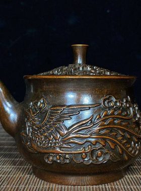 古玩收藏纯铜龙凤茶壶水壶酒壶铜器工艺品家居办公室吧台装饰摆件