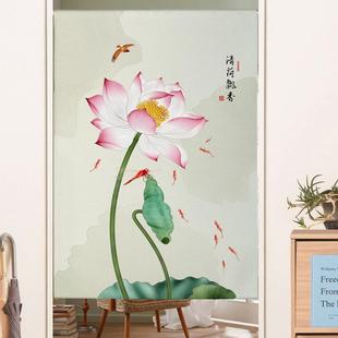荷花门帘家用布艺厨隔断免打孔衣帽间布帘子试衣间卧室帘 中式