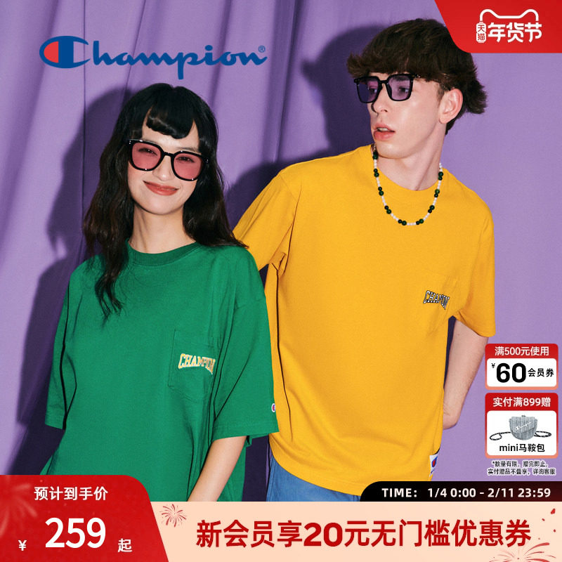 Champion冠军短袖T恤口袋刺绣变形印花情侣棉质上衣舒适日常潮流
