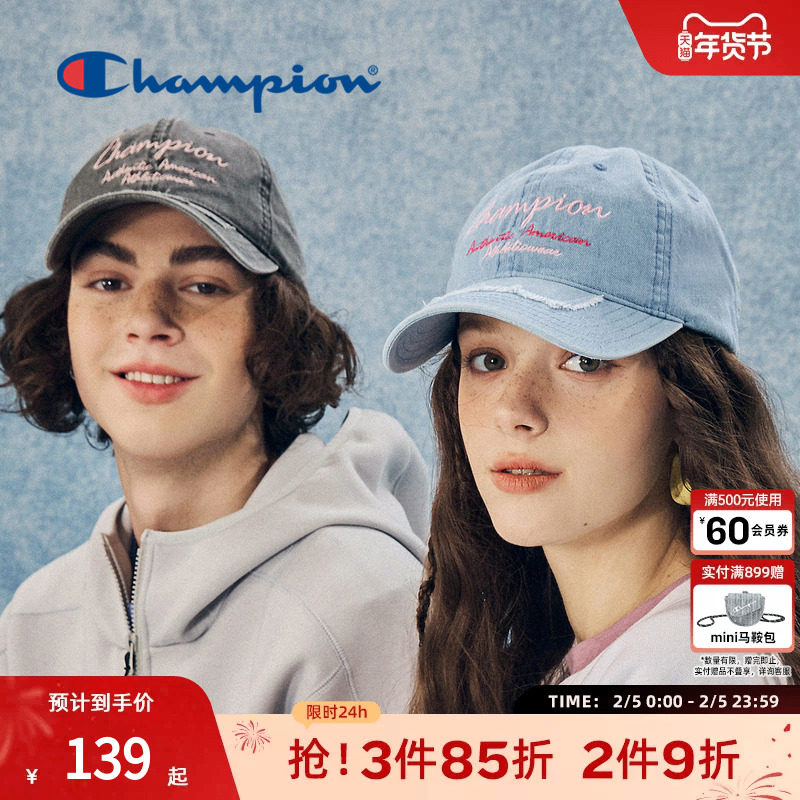 champion冠军做旧牛仔刺绣棒球帽复古校园男女情侣鸭舌帽子遮