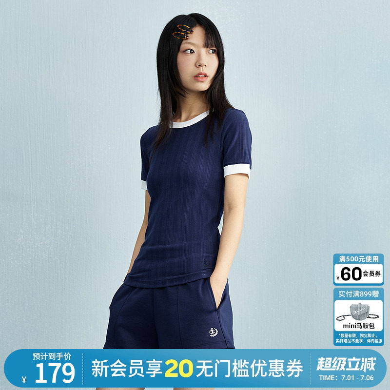 champion冠军26夏季新款女士撞色短袖T恤修身麻花针织感条纹百搭
