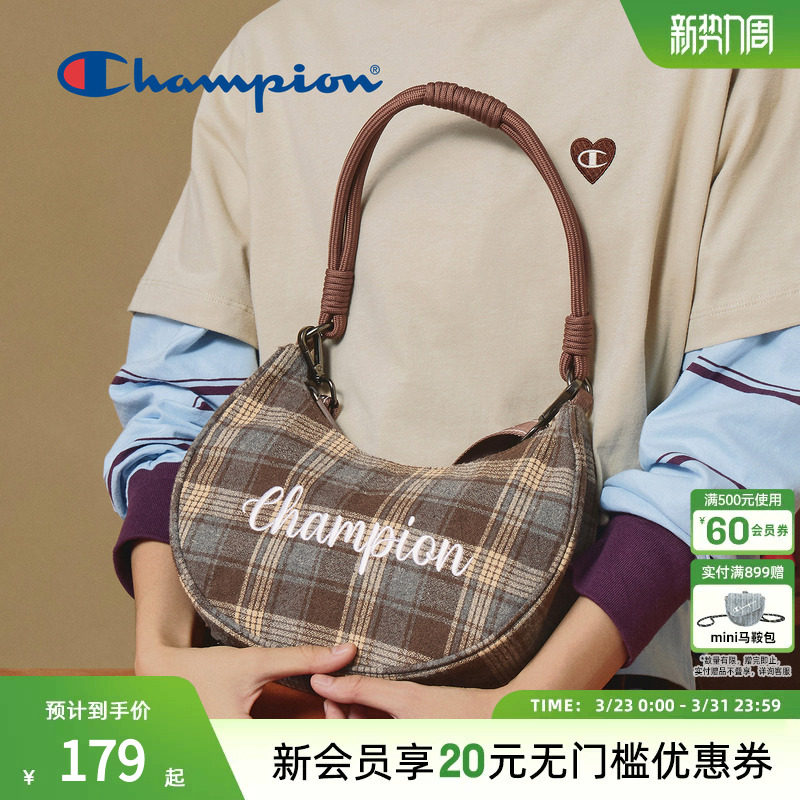 champion冠军新款月牙包单肩斜挎包女复古格纹春夏旅游出行百