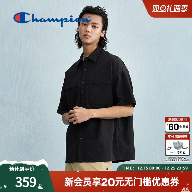 Champion冠军衬衫男翻领POLO短袖中性简约宽松机能T恤商