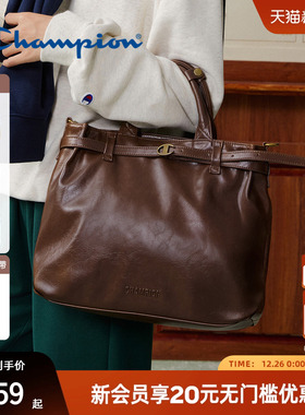 champion冠军秋冬氛围感穿搭单肩手提斜挎棕色复古女旅游包包