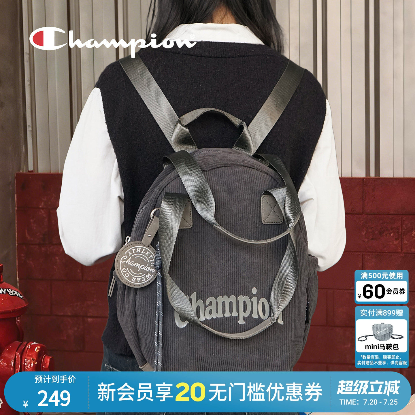 CHAMPION冠军春单肩双肩两用双肩包复古秋冬绒布单肩手提女