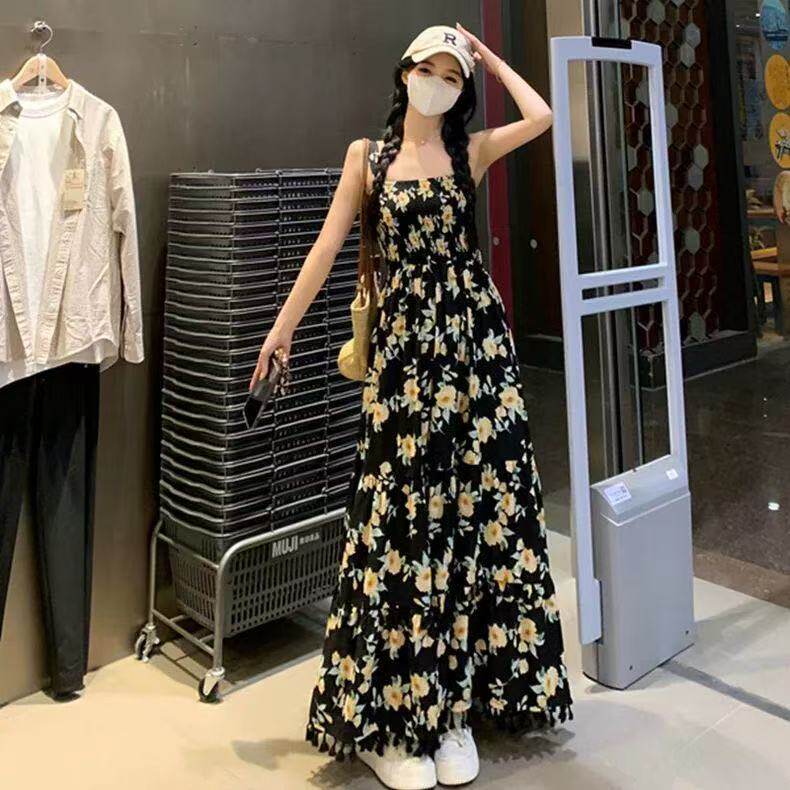 大码黑色碎花吊带连衣裙套装女夏季胖mm度假风防晒开衫长裙两件套
