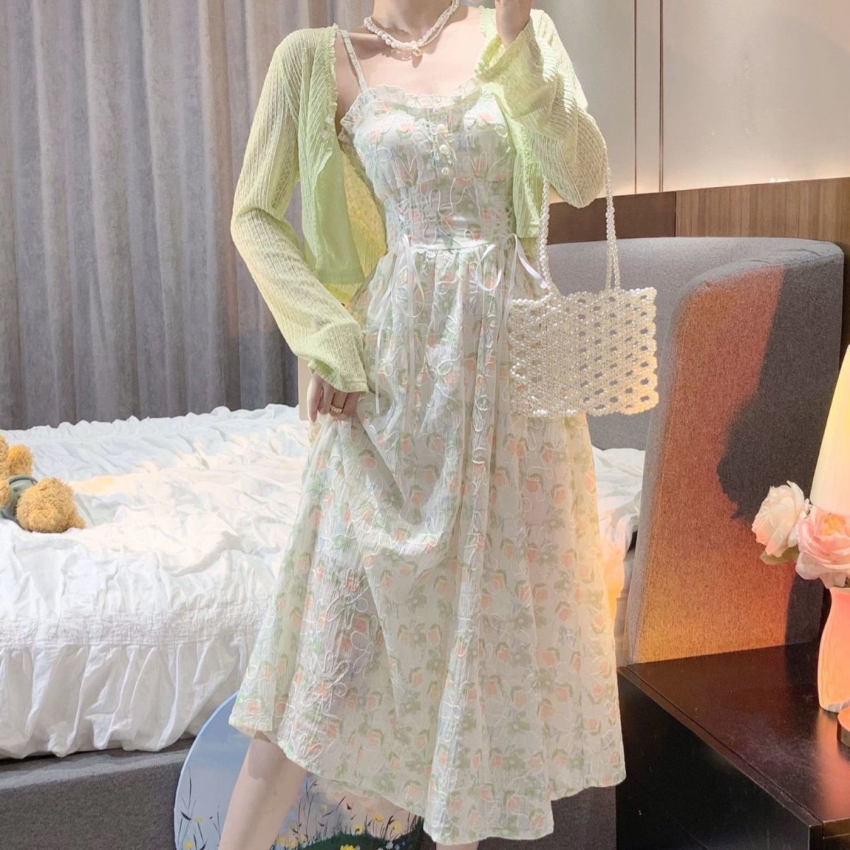 大码正版清新初恋裙吊带连衣裙套装女薄款防晒开衫显瘦裙子两件套