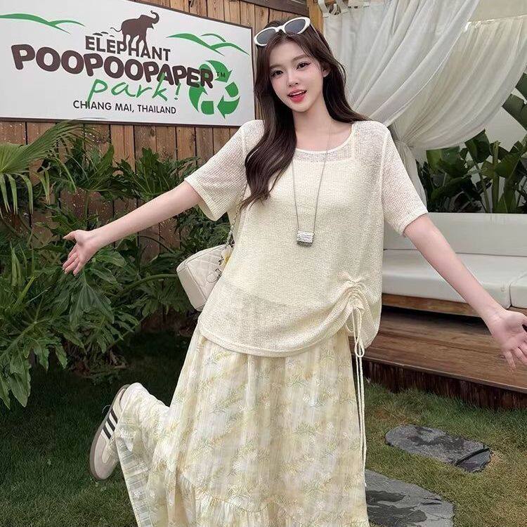 大码女装胖mm韩系吊带背心针织短袖半身裙2026夏季显瘦时尚套装