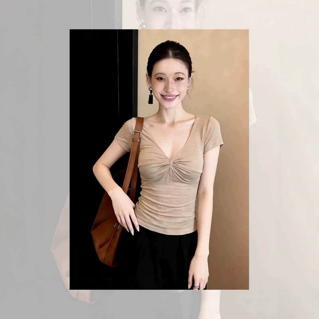 美式扭结V领短袖T恤女学生夏季新款纯欲辣妹收腰正肩上衣ins潮流