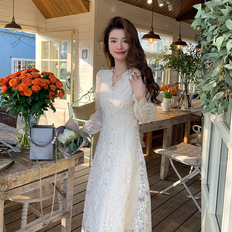 法式甜美漂亮掐腰小裙子女早秋新款韩系独特超好看V领收腰连衣裙