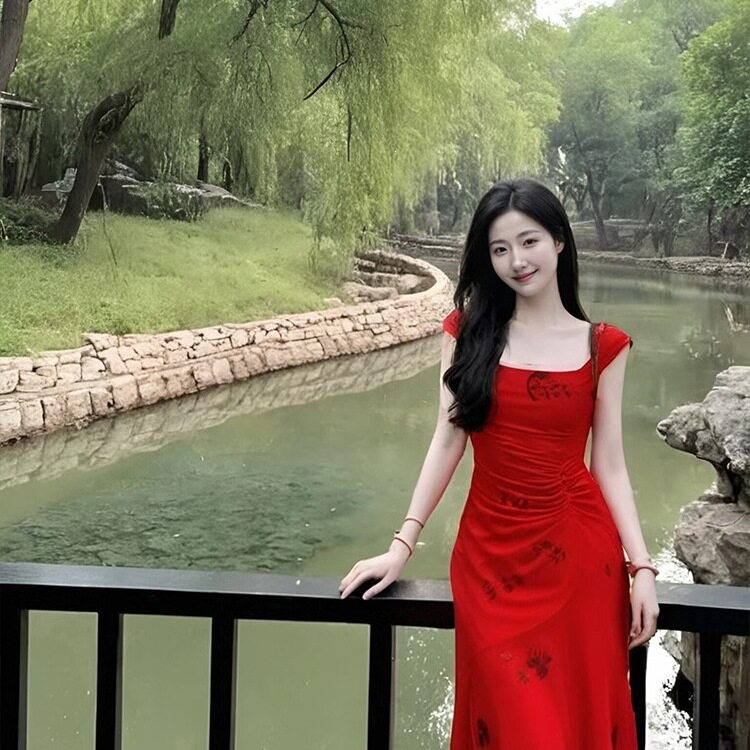 复古气质红色吊带连衣裙女夏季方领印花裙子修身收腰包臀鱼尾长裙