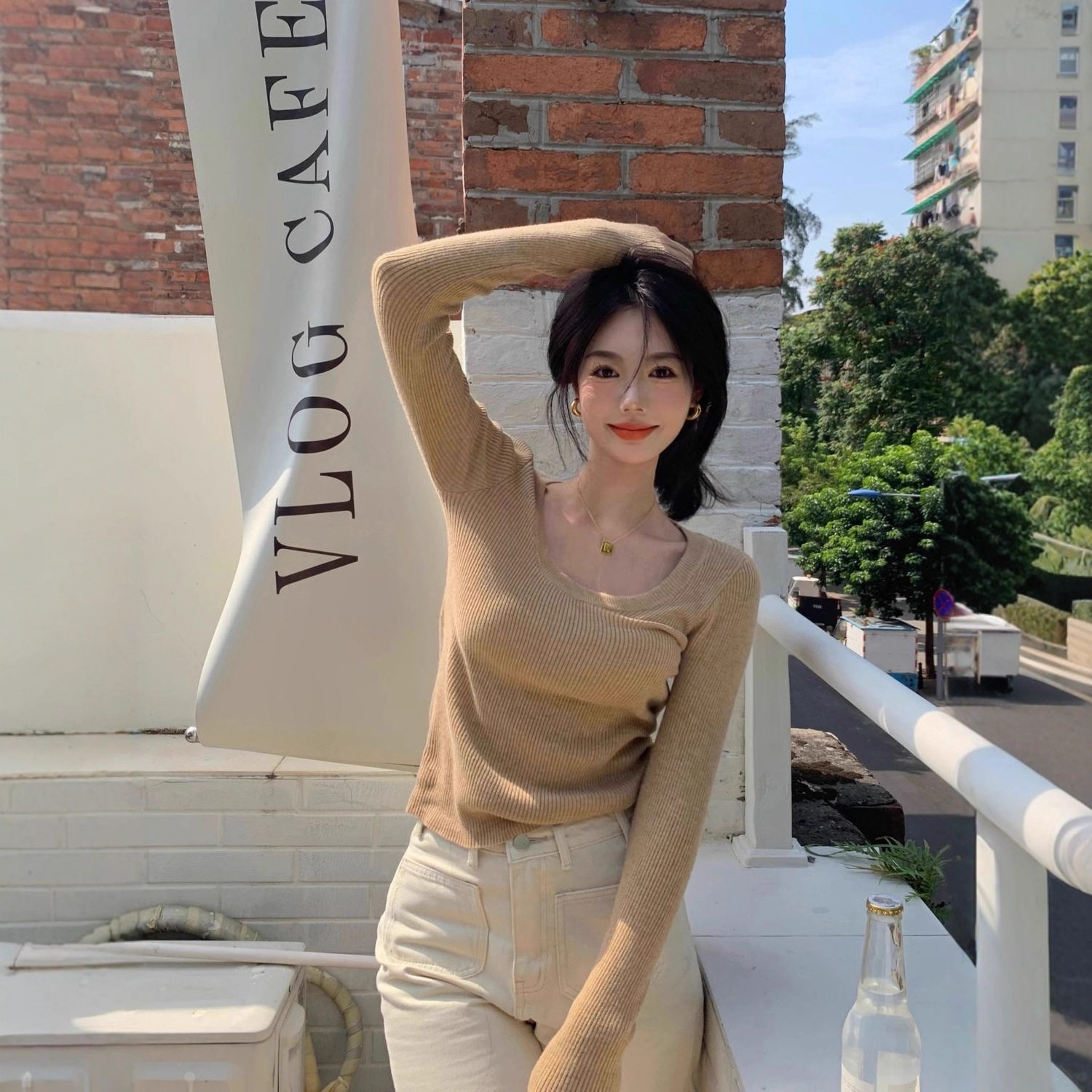 法式复古低领秋冬针织打底衫女长袖春季t恤感内搭上衣ins毛衣