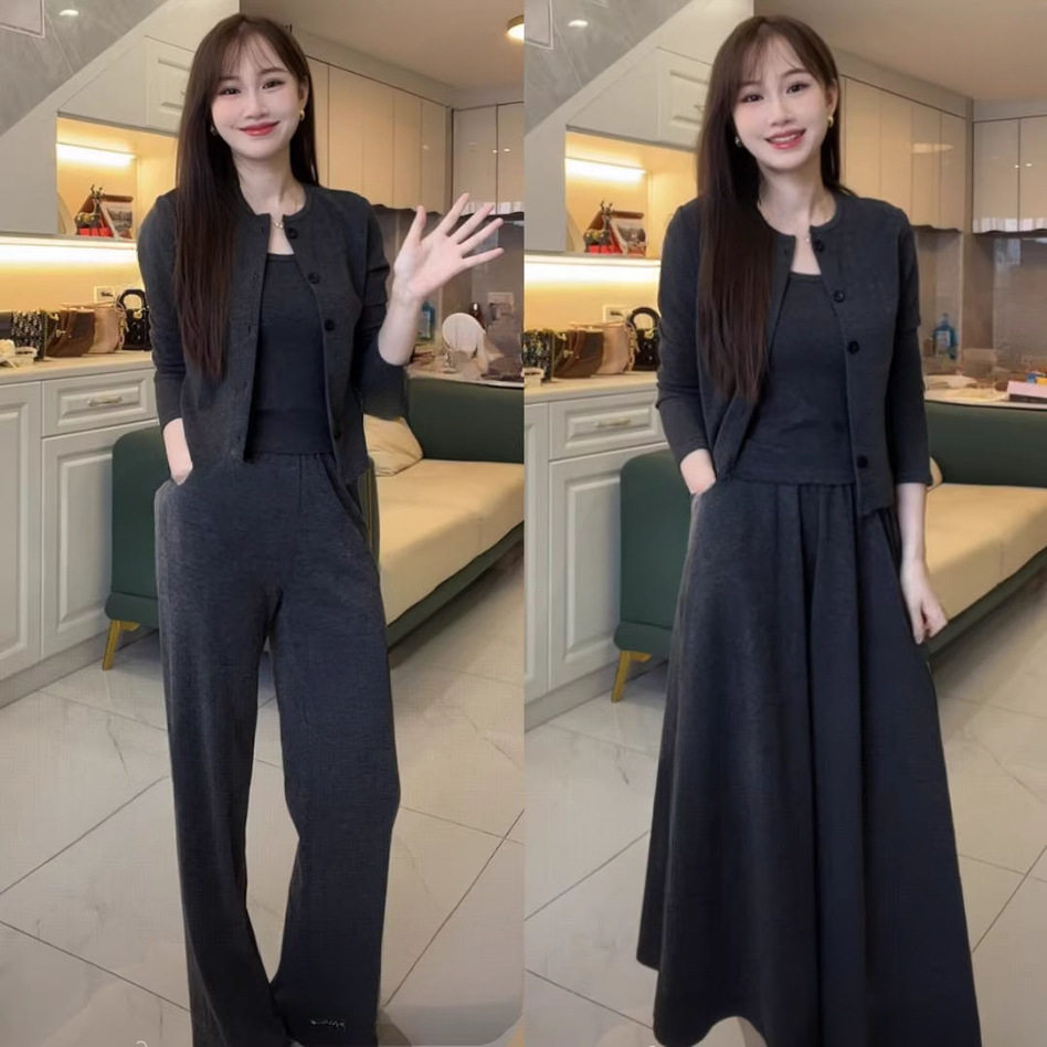 韩系气质套装女秋季新款高级感显瘦开衫背心半身裙阔腿裤三件套