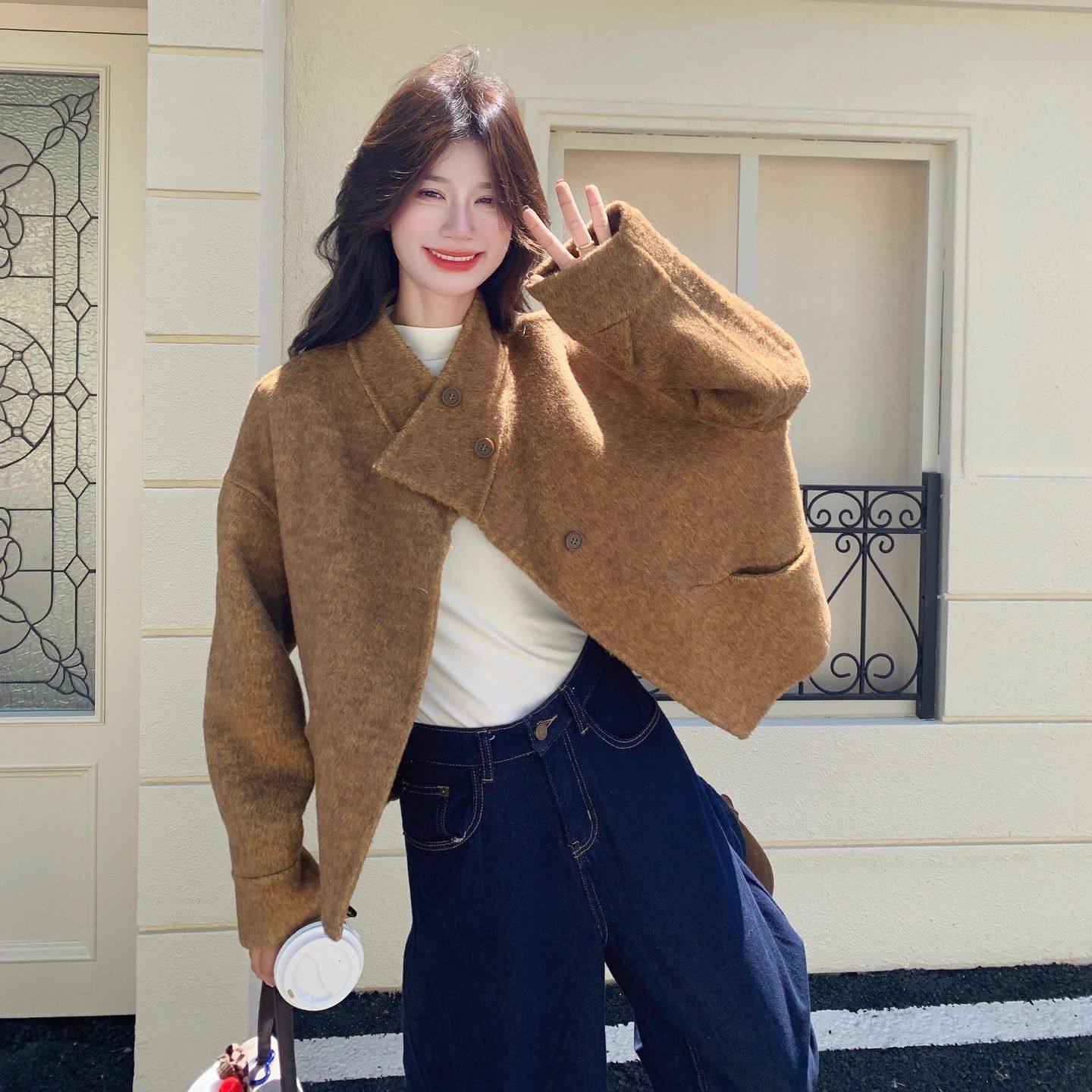 韩系温柔风卡其色呢子大衣女2025秋冬小个子短款保暖毛呢外套群木,女装/女士精品,短外套,淘宝优惠券,粉丝福利购,淘宝优惠卷