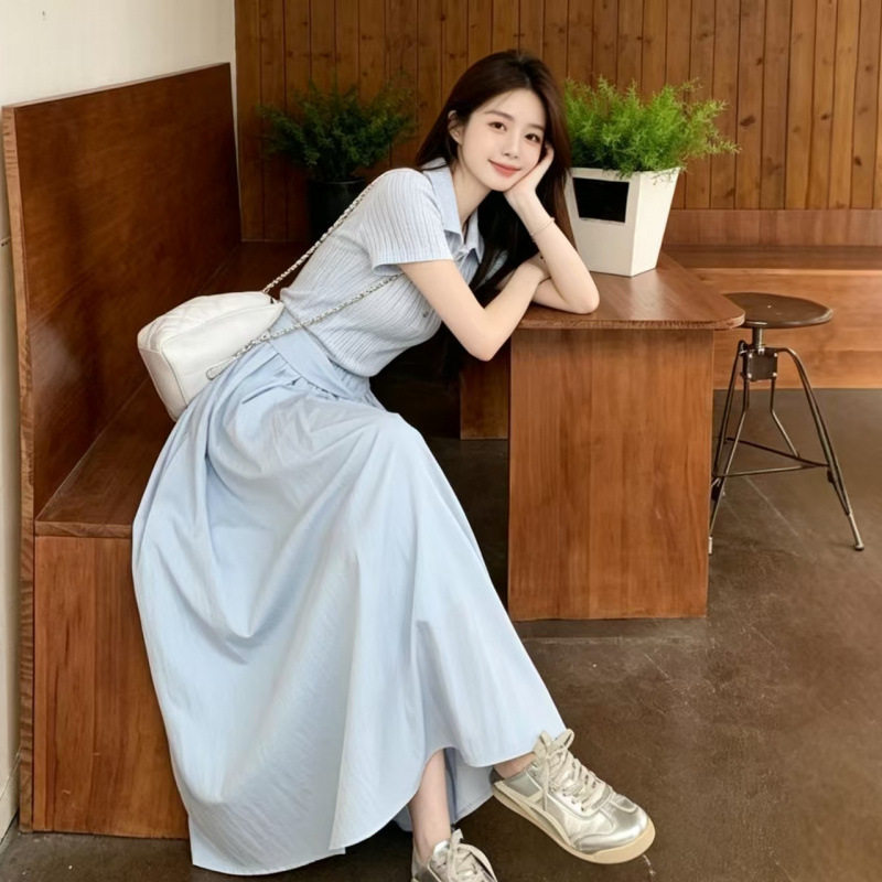 轻奢法式蓝色衬衫连衣裙女夏季新款小清新收腰显瘦短袖长款裙子女