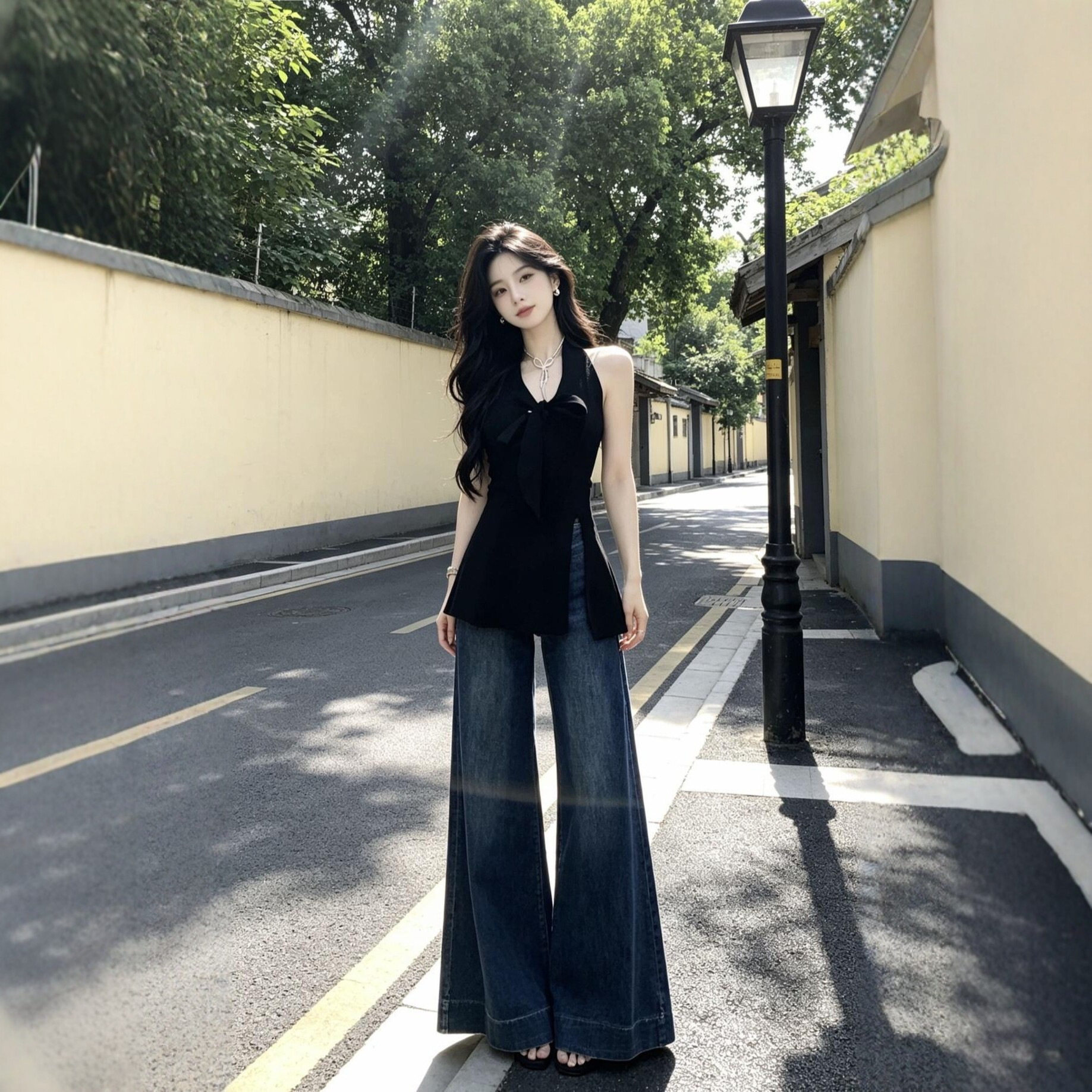 黑色短袖T恤女夏季2026新款今年流行爆款设计感无袖挂脖背心上衣