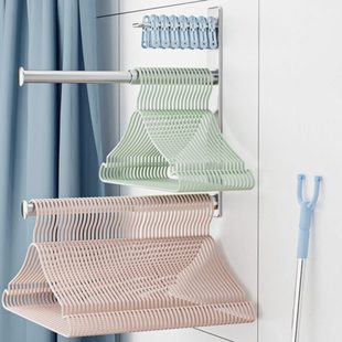 可伸缩衣架收纳神器不锈钢多层免打孔阳台拖把夹子挂钩收纳整理架