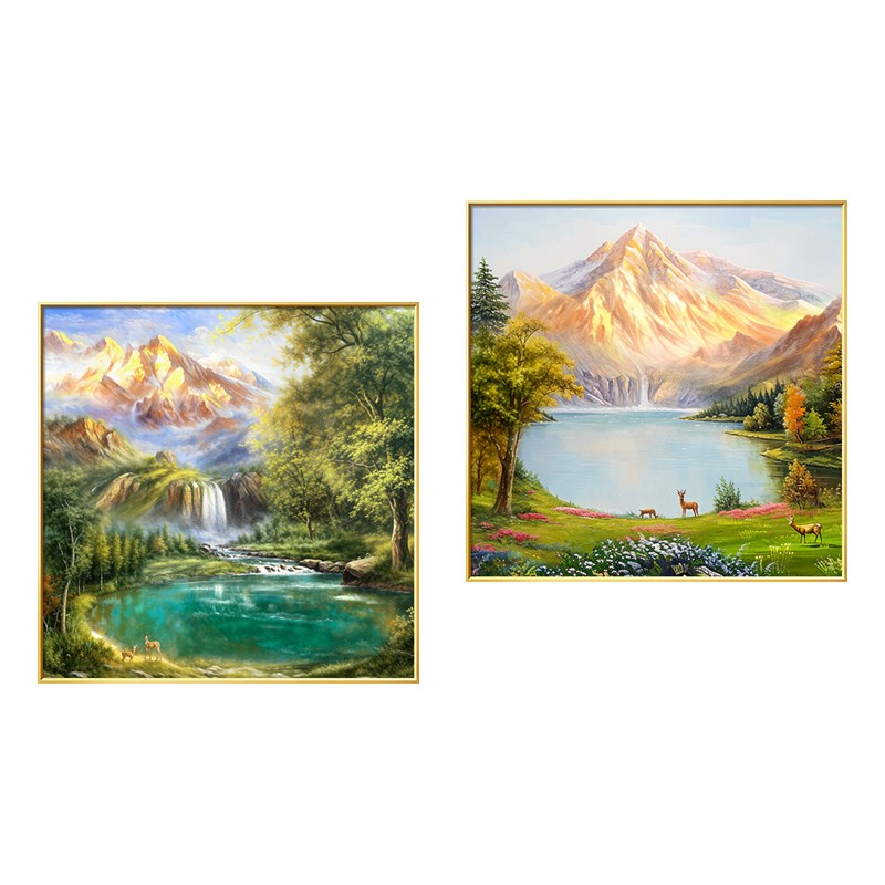 聚宝盆餐厅装饰画轻奢高级感山水画客厅挂画手绘油画风景组合壁画