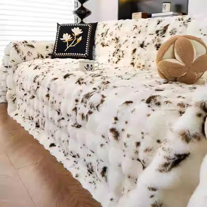 高级感扎染兔毛绒沙发盖布巾秋冬季沙发毯子2024新款防滑坐垫套罩