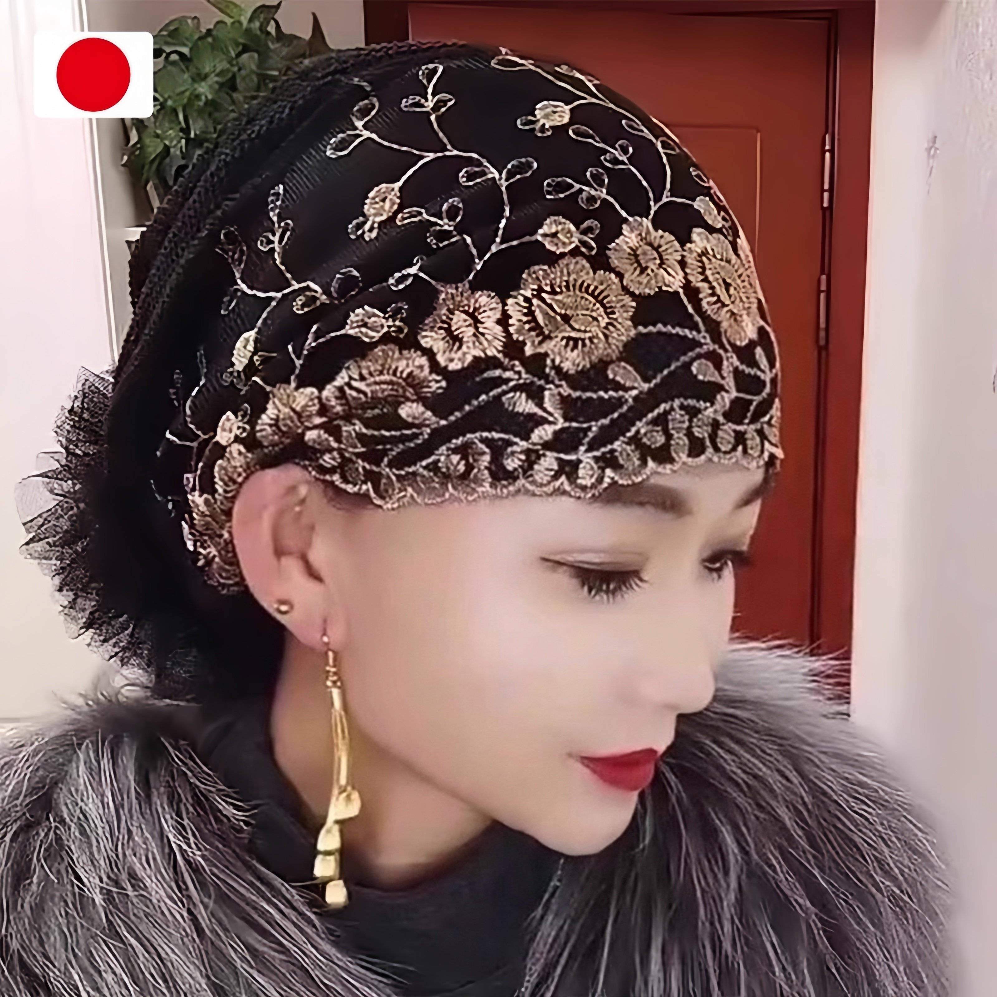 包头帽花朵蕾丝纱巾玫瑰花刺绣四季款防风2025新款遮白发女士盘发