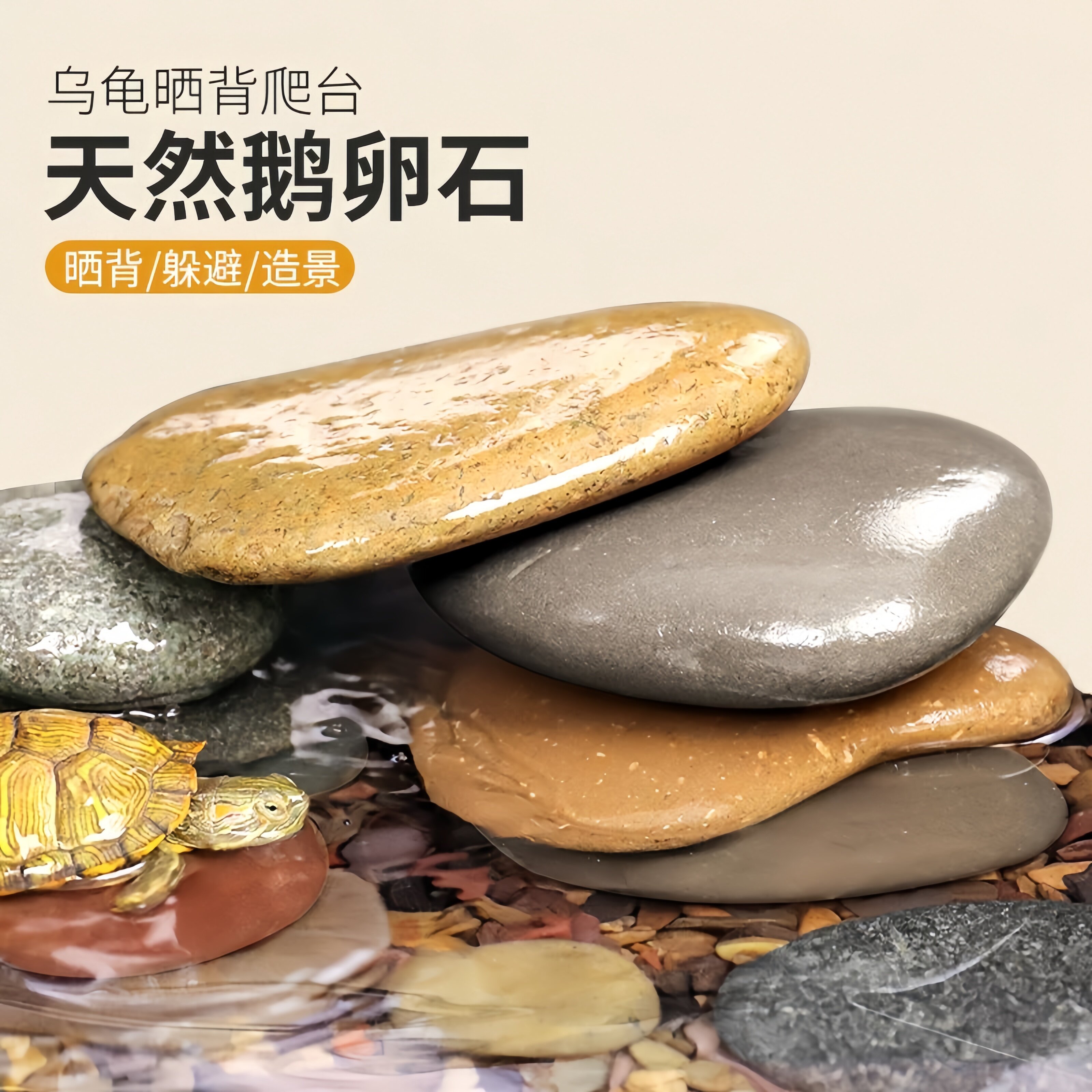 乌龟晒台天然原生鱼缸彩石造景鹅卵石乌龟缸扁平晒背爬台石头躲避