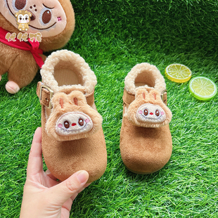 儿童魔术贴加绒毛毛勃肯鞋小土豆厚底软底毛绒加棉女童可爱鞋子冬