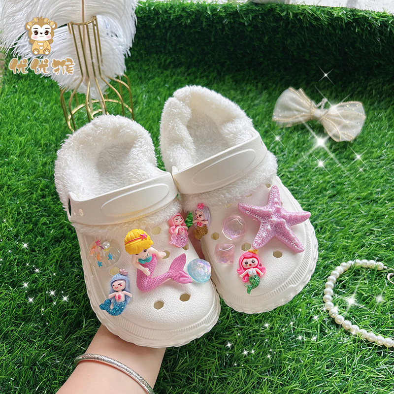 女童加绒保暖洞洞鞋冬款女款休闲风冬季冬天可外穿儿童加厚棉拖鞋