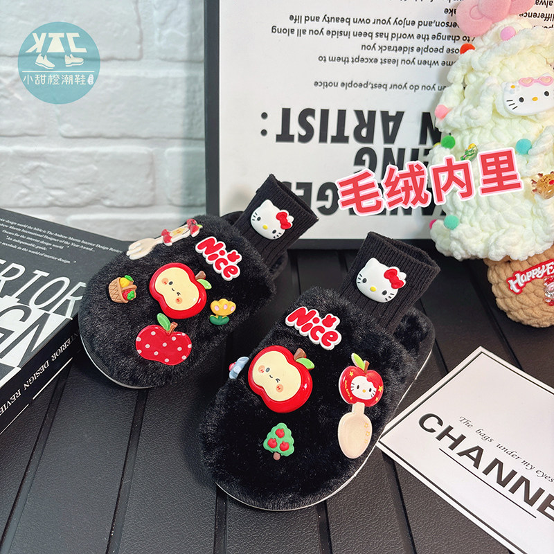 红苹果儿童棉拖鞋女2025新款冬季室内家居包头保暖毛毛鞋女孩女款