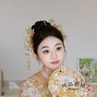 新款新娘中式金色头饰秀禾服龙凤褂简约步摇发簪发饰古典婚礼配饰