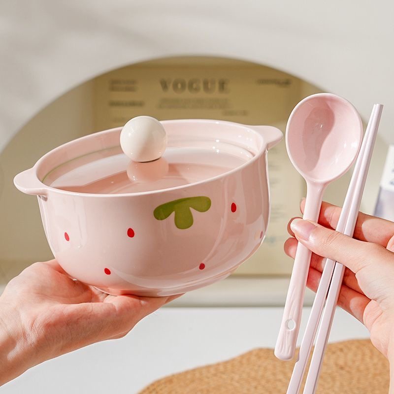 粉草莓可爱泡面碗带盖双耳泡面碗个人专用釉下彩陶瓷泡面碗套装,餐饮具,泡面碗,淘宝优惠券,粉丝福利购,淘宝优惠卷