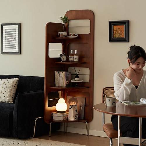 三角拐角置物架覆古家用客厅角落转角墙角柜中古床边实木收纳柜子