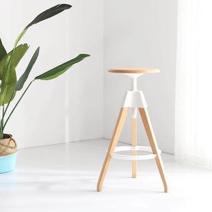 森川可升降旋转圆形吧凳北欧设计师创意实木高脚凳酒吧椅岛台吧椅