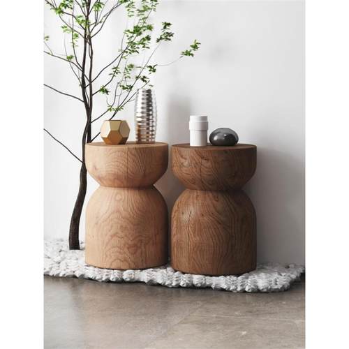 Wabi-Sabi风格黑色实木码头咖啡桌原木凳子根雕刻茶桌树桩圆边桌