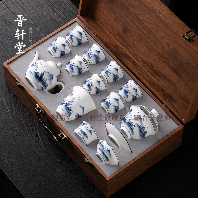 纯手绘湖光山色茶壶套组家用青花瓷功夫茶具整套泡茶壶茶杯礼盒装