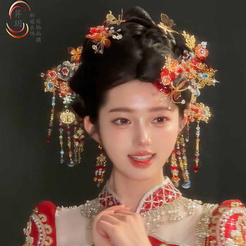 笄玥中式新娘头饰红色减龄长流苏发簪秀禾服配饰品简约旗袍发饰