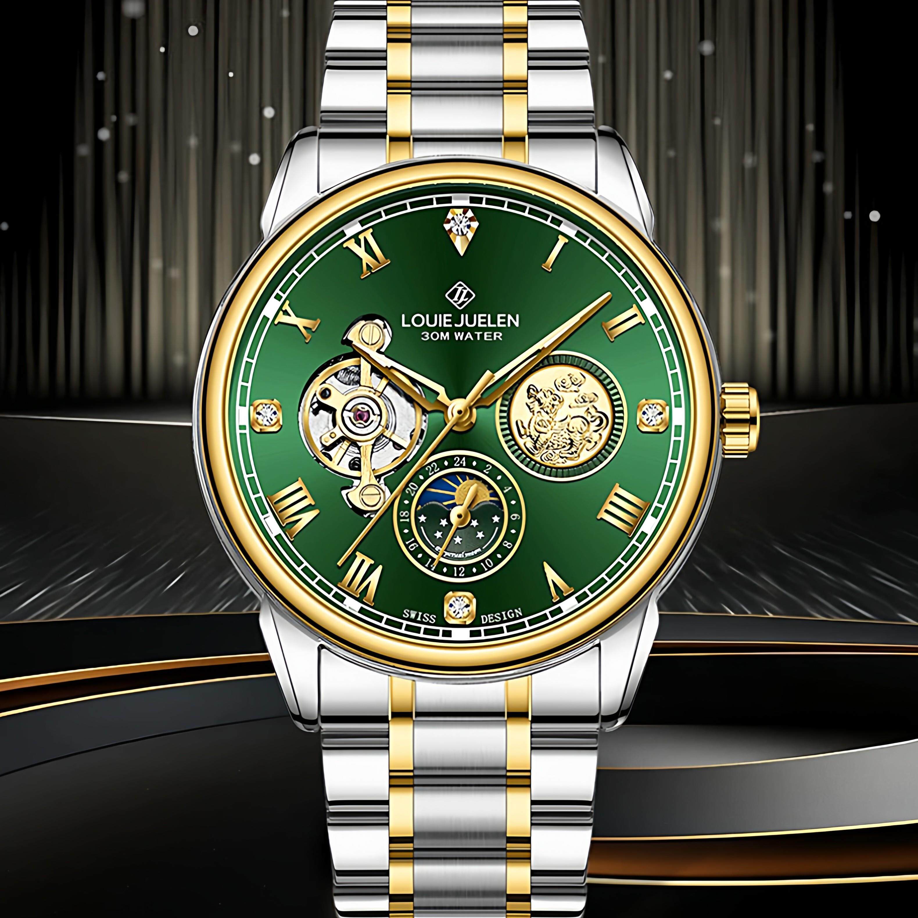 LOUIEJUELEN路易爵伦手表金麒麟机械石英表男全自动夜光防水腕表