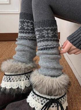 费尔岛堆堆袜套秋冬针织灰色小腿袜y2k圣诞节雪花中筒腿套女保暖