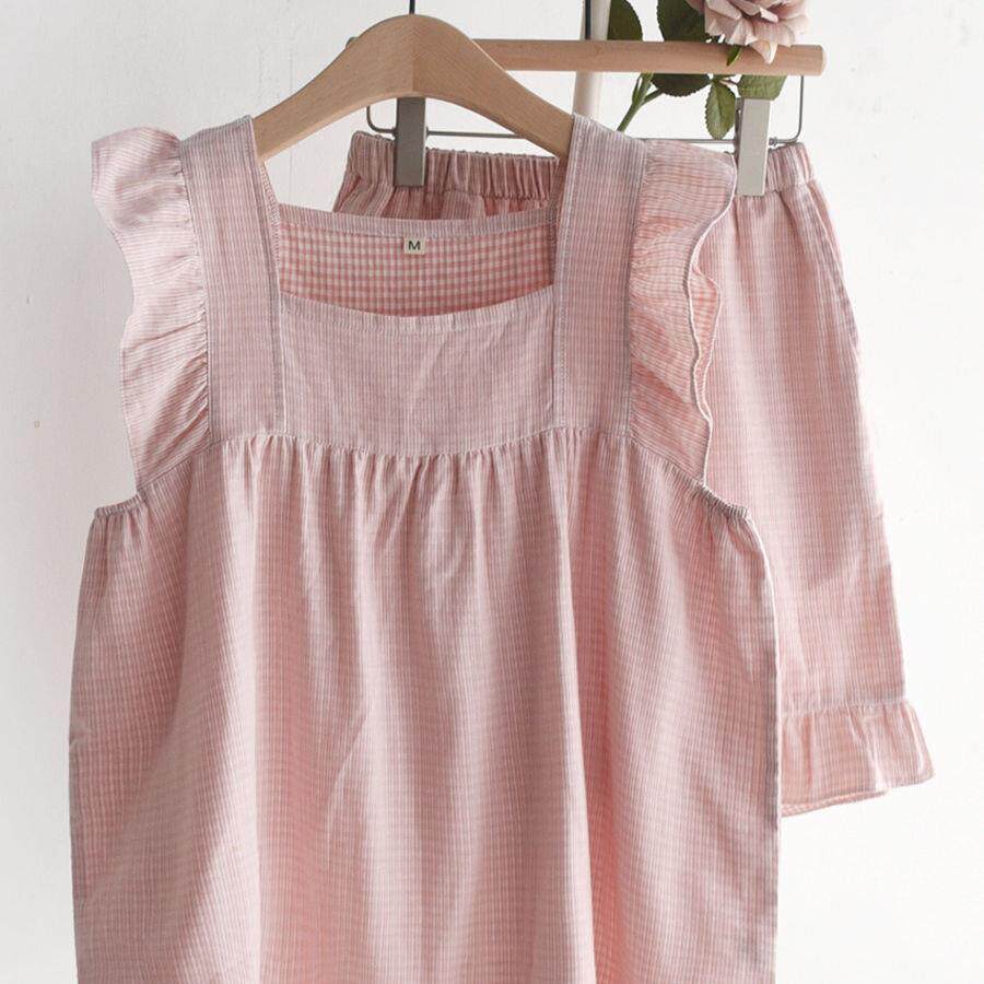 荷叶边格子睡衣女士夏季纱布薄款宽松吊带背心短裤家居服套装