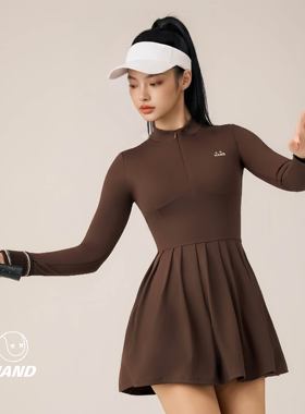 Hand Studio网球运动连衣裙长袖网球裙运动健身速干半拉链防走光
