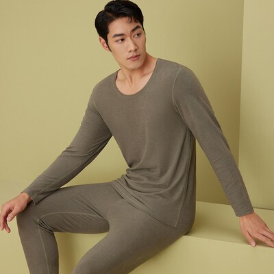 德绒保暖内衣男士套装轻暖科技发热打底青年薄款低领秋衣秋裤秋冬