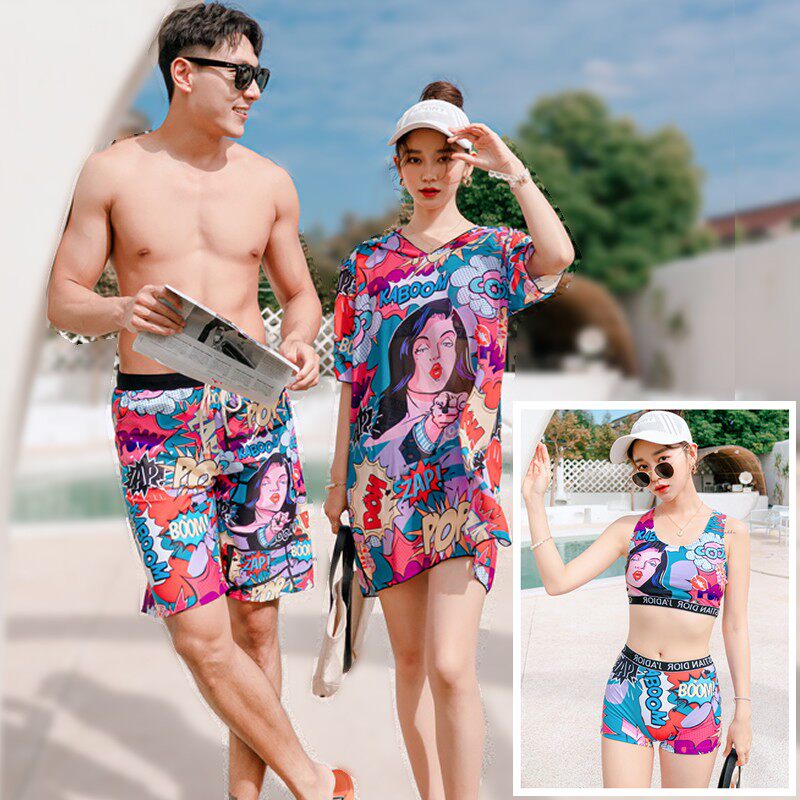 情侣分体式泳衣女三件套连帽平角保守聚拢显瘦男士沙滩裤温泉泳装