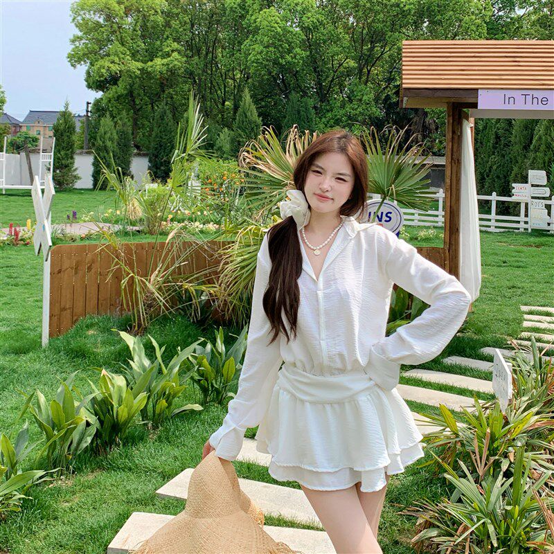 纯欲衬衫裙分体三件套压皱面料简约高级显瘦温泉度假泳衣2523