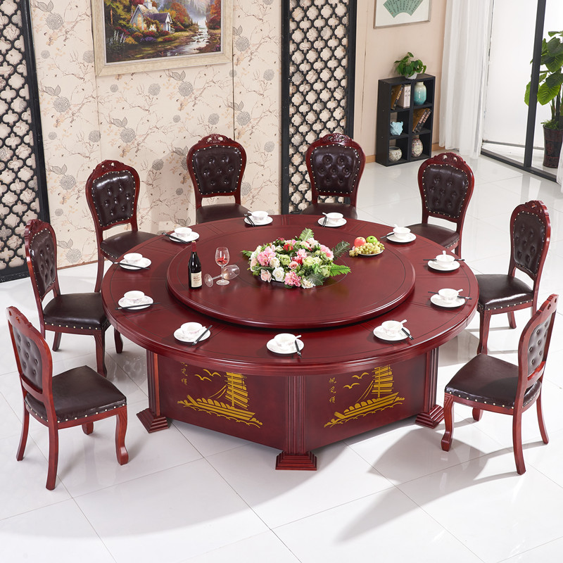 酒店电动大圆桌自动旋转实木转盘餐桌15/20人饭店包厢3米火锅桌椅