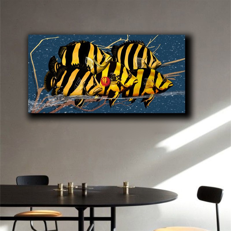虎鱼装饰画办公室客厅水族馆招财艺术现代虎鱼茶台鱼缸后墙壁挂画
