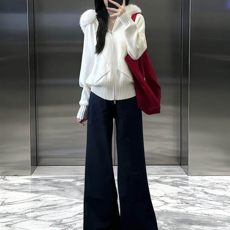 巨好看的冬装一整套毛领针织帽衫阔腿牛仔裤韩系早秋chic套装女装