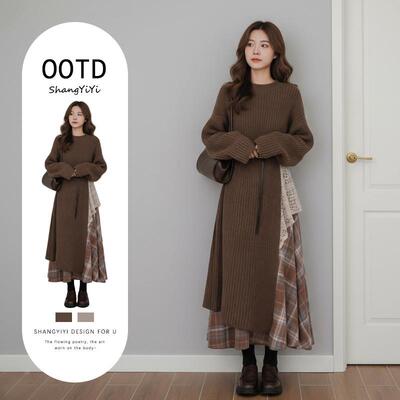 美拉德超好看冬裙套装2025年新款秋冬季一整套穿搭高级感连衣裙