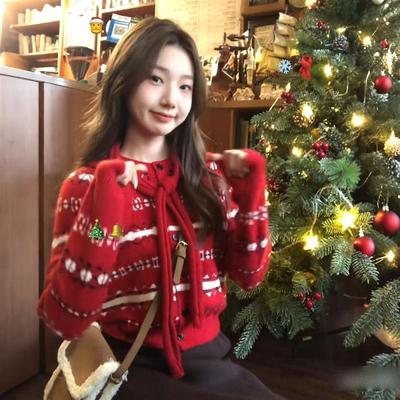 红色复古费尔岛提花连帽毛